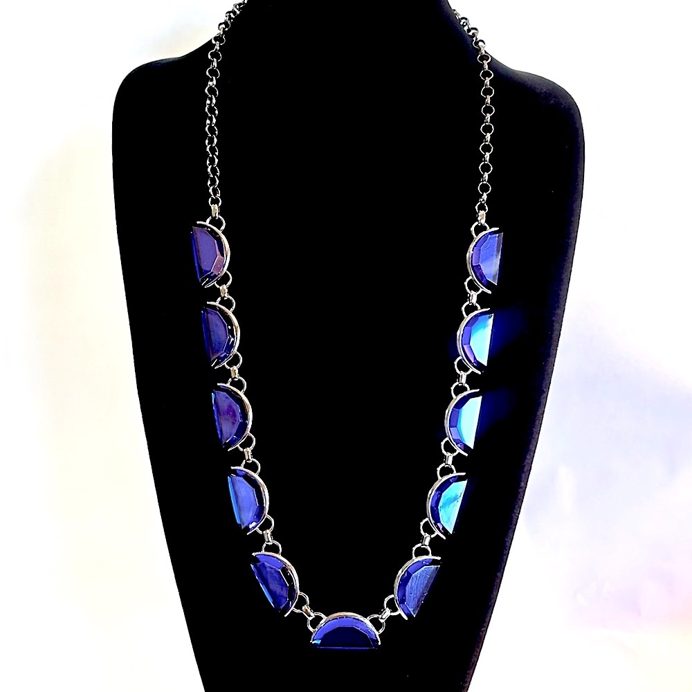 COLDWATER CREEK Vibrant Blue Glass Half Moon Long Silver Necklace NWT